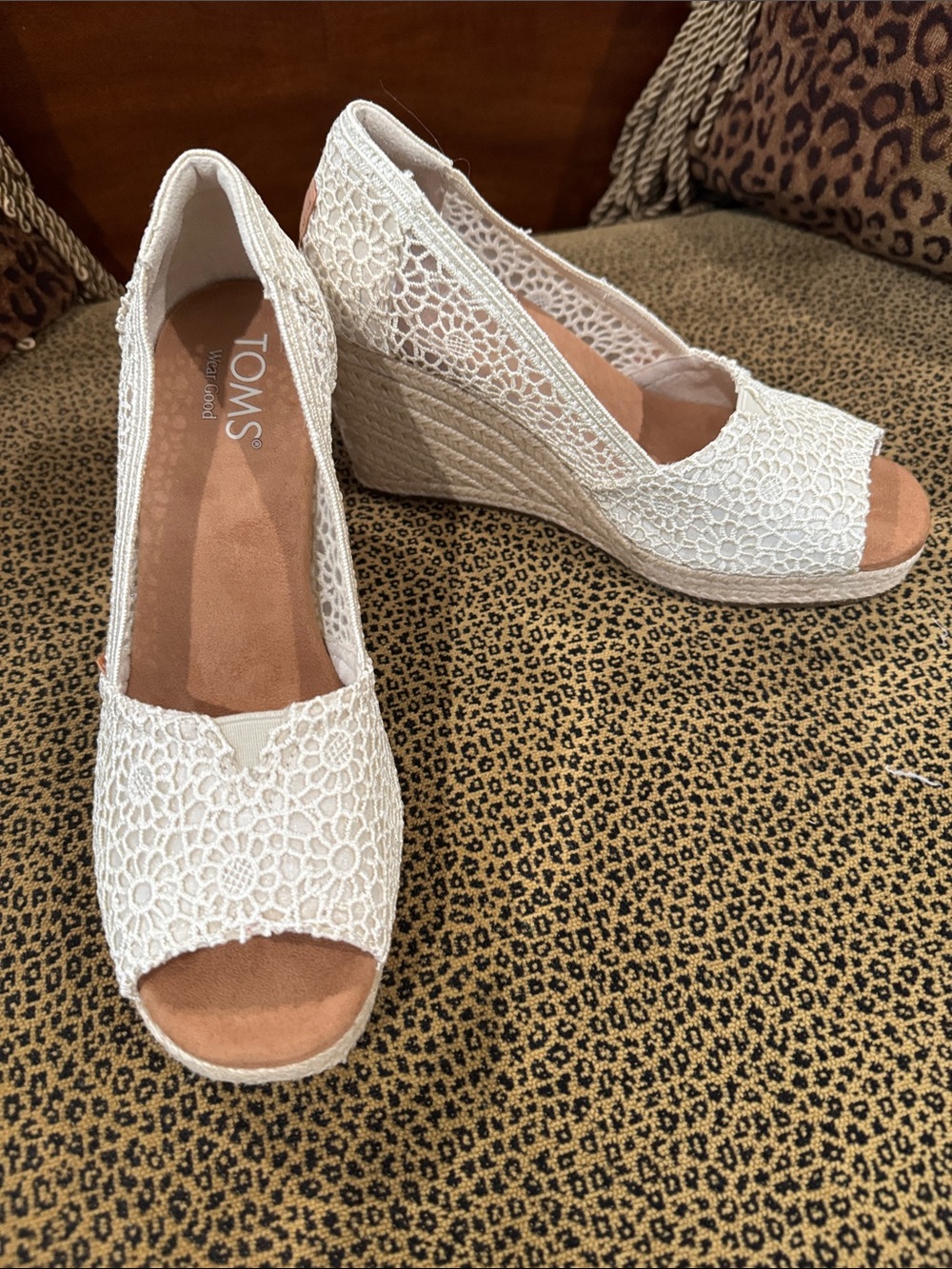 Toms White Crochet Espadrille Wedge Peep Toe